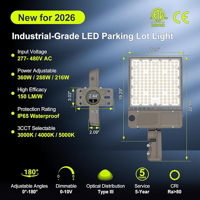 480V LED Parking Lot Light 360W/288W/216W, 3000K 4000K 5000K Adjustable 54000LM 0-10V Dimmable with Photocell, ETL Listed Shoebox Pole Lights Outdoor Arm & Slip Fitter Mount, AC277-480V