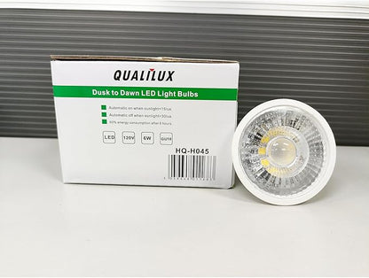 Qualilux Dusk to Dawn Light Bulbs, Auto On/Off Light Sensing LED Bulbs Outdoor,Daylight, MR16 GU10 4-Pack, 6W 500LM 50W Equivalent, HQ-H045