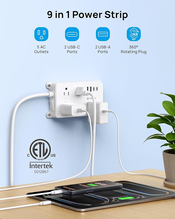 TROND 360° Rotating Plug Power Strip, 10ft Extension Cord, ETL Listed, 5 Widely-Spaced Outlets with 4 USB Ports, 1300J Surge Protection, Wall Mountable, Under Desk, for Home Office, White