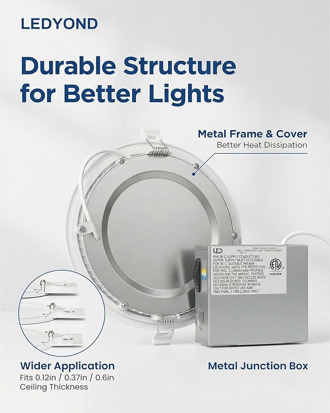 LEDYOND 6-Pack 6 Inch Canless LED Recessed Lighting with Iron Junction Box, 1200LM Slim Wafer Light, 5CCT 2700K-5000K Selectable, CRI 90+, Dimmable Metal Trim Retrofit Ceiling Light, Energy Star &ETL