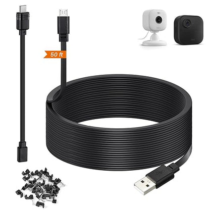 weishan 50ft Power Extension Cable Compatible with Blink Mini 2, Blink Mini and Blink Outdoor4, XT, XT2 Cameras - 15m Long Flat Charging Cord with 30cm Short USB C Waterproof Adapter, Black