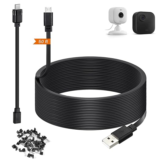 weishan 50ft Power Extension Cable Compatible with Blink Mini 2, Blink Mini and Blink Outdoor4, XT, XT2 Cameras - 15m Long Flat Charging Cord with 30cm Short USB C Waterproof Adapter, Black