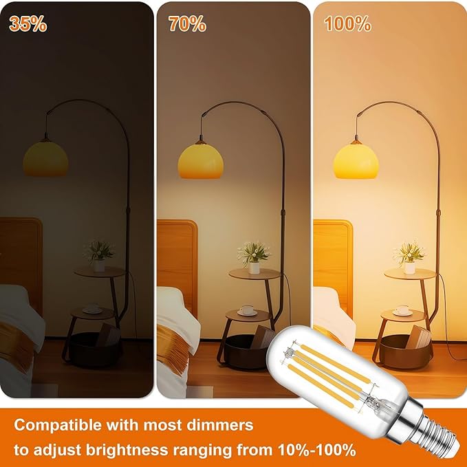 Vinaco 3.39 Inch E12 T6 LED Bulb Dimmable, 6 Pack T6 Candelabra Bulb LED 4W Equal. 40W Warm White 2700K, Clear Glass T6 Tubular LED Edison Bulb for Chandelier, Ceiling Fan, Pendant, Wall sconces