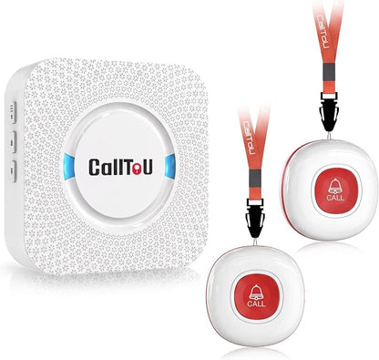 CallToU Wireless Caregiver Pager Call Button for Elderly at Home Nurse Alert System 500+ Feet for Seniors/Elderly/Patient/Disabled 1 Plugin Receiver 2 Waterproof SOS Buttons
