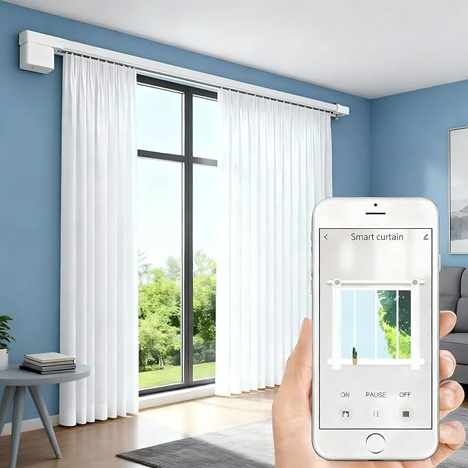 Smart Curtain Track System with Mini Zigbee Motor, Automatic Motorized Curtains Rod 165.3''(4.2m) with App, Voice, Remote Control, Compatible with Alexa,Google and Siri