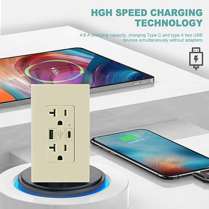Ivory Outlet with USB C High Speed Charger Type C 4.8A Charging Capability, Child Proof Safety Receptacle 20 Amp, Tamper Resistant w/Wall Plate UL Listed MICMI (USB C Outlet 20Amp Ivory 10pack)