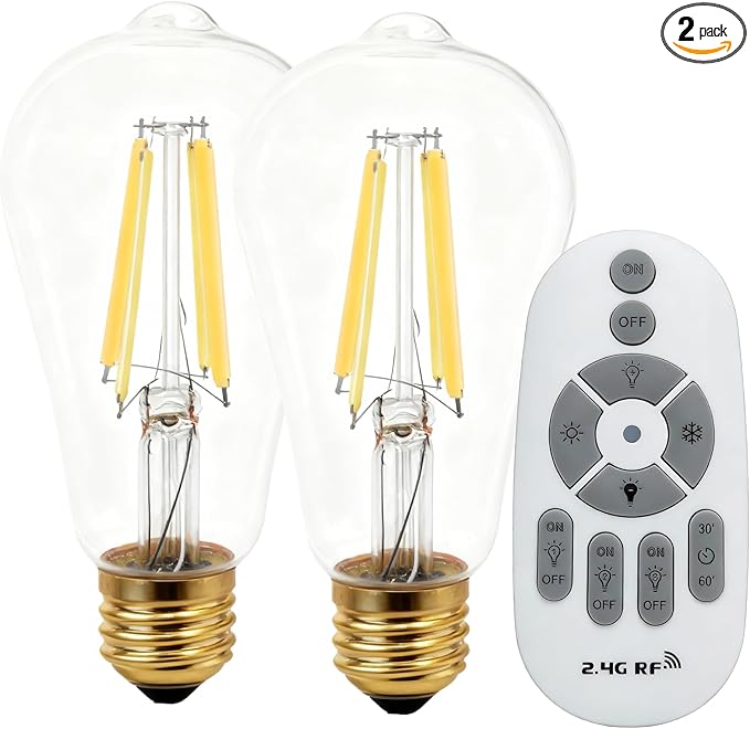 Dimmable LED Light Bulbs with Remote, E26 Base Remote Control Light Bulb Dimmable 2700K-6000K, ST64 Vintage Edison Bulbs for Lamp, 2 Pack (2 Bulbs+1 Remote)
