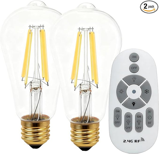 Dimmable LED Light Bulbs with Remote, E26 Base Remote Control Light Bulb Dimmable 2700K-6000K, ST64 Vintage Edison Bulbs for Lamp, 2 Pack (2 Bulbs+1 Remote)