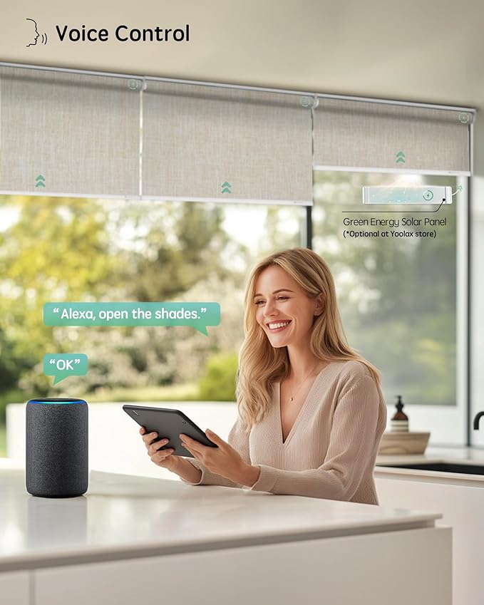 Yoolax Motorized Blinds with Remote, 100% Blackout Smart Roller Shades Work with Alexa, Google, Apple Homekit, Custom Automatic Shades with Voice Control for Bedroom Office (Fabric Beige)