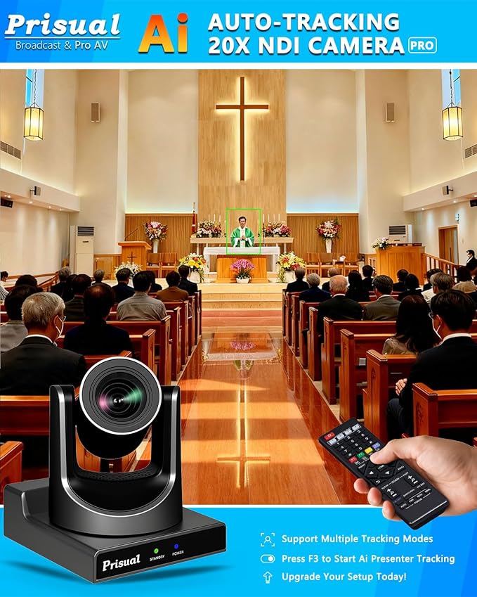 Prisual NDI PTZ Camera Gen 5, AI Auto Tracking, 20X Optical Zoom, 3G-SDI USB LAN PoE HDMI PTZ Camera for Church Worship Education Events (NDI 6 & NDI HX3 Certified) TEM-20N PRO