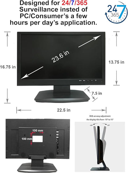 101AV Professional LED Security Monitor, 23.6 Inch HD-TVI, AHD, CVI & CVBS Analog HD 16:9, 1x HDMI & 2X BNC Inputs for CCTV DVR Office & Home Security Camera System