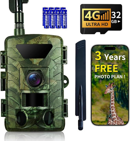 Cellular Trail Camera Subscription-Free, 4G LTE Cam, 1296P HD, 60MP, Low-Glow IR Night Vision, Fast Trigger Speed, Long Battery Life & 32GB SD for Wildlife Monitoring & Property Security