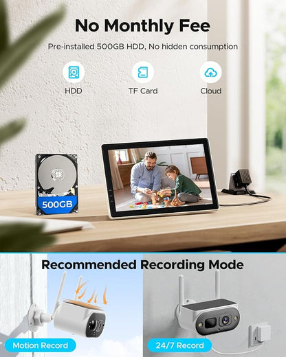 Solar Security Cameras Wireless Outdoor, Quick Installation, No Subscription Cameras for Home Security Camera System, 4MP Color Night Vision, 10CH Expandable, 2.4 & 5GHz WiFi, 4 Cameras with Monitor