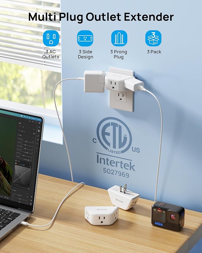 TROND Outlet Extender 3 Pack, ETL Listed Multi Plug Wall Outlet, White | 3-Prong Grounded Wall Splitter, 3 Way Angled Plug Adapter, Cruise Ship Essentials, Multiple Expander for Bathroom Kitchen