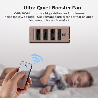 BIOWIND Quiet Register Booster Fan Fits 4" x 12" Register Holes, 10-Speed Smart Heating Cooling AC Vent Fan with Remote Control and Thermostat Control - Bronze
