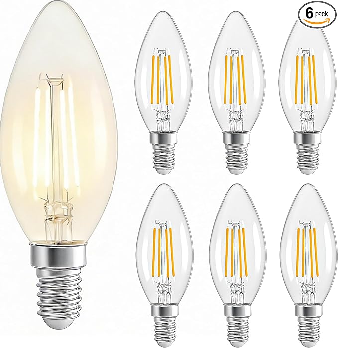 E12 LED Edison Bulb 40W Equivalent,Non-Dimmable 2700K Warm White，600 Lumens 4W C35 LED Filament Vintage Light Bulbs，Clear Glass,Suitable for Chandeliers and Ceiling Fans (6 Pack)