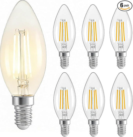 E12 LED Edison Bulb 40W Equivalent,Non-Dimmable 2700K Warm White，600 Lumens 4W C35 LED Filament Vintage Light Bulbs，Clear Glass,Suitable for Chandeliers and Ceiling Fans (6 Pack)