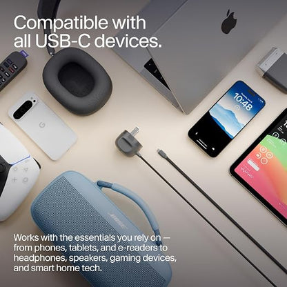 Twelve South PowerCord All in One 30W USB-C Fast Charger, Slate, 4ft | USB-C PD 3.0 Wall Adapter for iPhone, iPad, Samsung & MacBook, Tangle-Free Braided Cable
