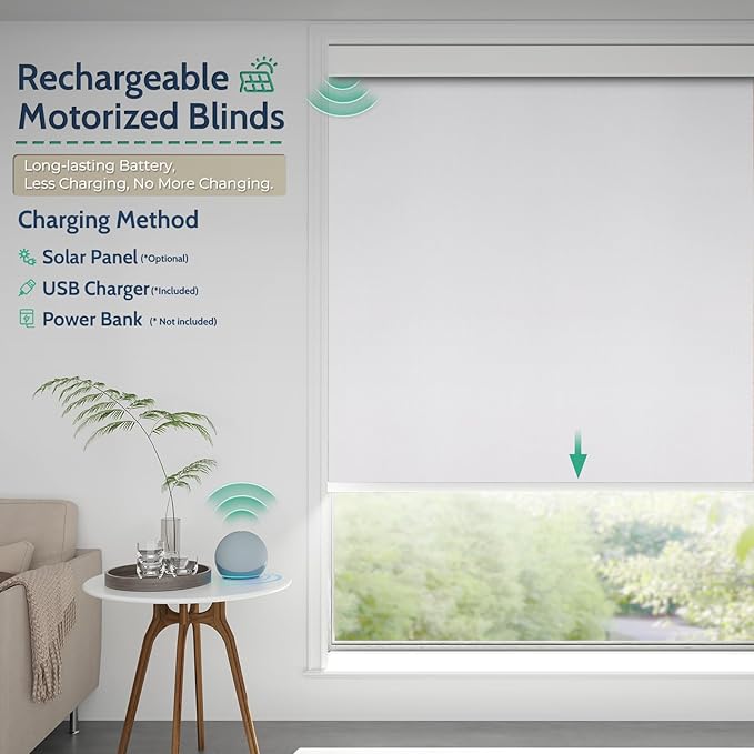 Motorized Blinds with Remote, Blackout Rechargeable Automatic Roller Shades, Cordless Smart Blinds Compatible with Alexa, Custom Blind for Indoor Windows, Photo Film Snow White