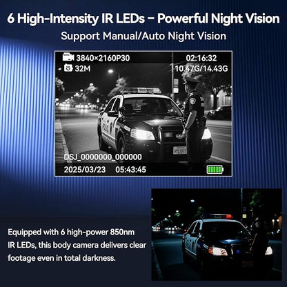 4K Body Camera, 64GB Body Cam with Two 2350mAh Batteries Work 13-15H, H.265 Video Code, Body Camera with Audio and Video Recording for Police Hiking Security Patrol