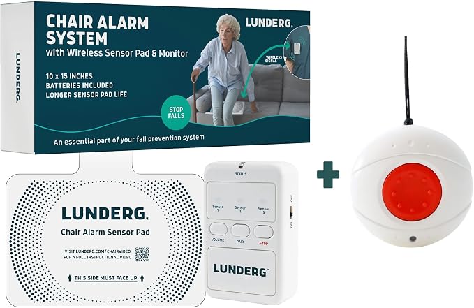 Lunderg Chair Alarm System with Call Button, Wireless Chair Sensor Pad & Pager - Elderly Monitoring Kit - Chair Alarms and Fall Prevention for Elderly