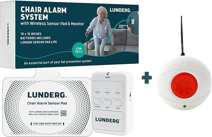 Lunderg Chair Alarm System with Call Button, Wireless Chair Sensor Pad & Pager - Elderly Monitoring Kit - Chair Alarms and Fall Prevention for Elderly