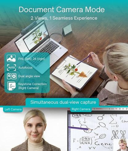 AVerMedia PW313D DualCam 2K Document Camera and Webcam for PC/Mac/Laptop, Autofocus, AI Noise Reduction, Online Teaching, Works with Zoom/Teams/Google Meet, Includes Tripod, TAA/NDAA Compliant