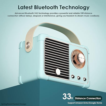 Retro Bluetooth Speaker, Mini Bluetooth Speaker Wireless, Hands-Free Call,400mA Battery, TF Card, Aux Line, for iOS Android Smartphone Home Office, Birthday Gift Ideas Blue