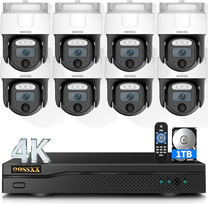 (2026 New) 4K PTZ Wired Outdoor Security Camera System, 8CH DVR with 1TB HDD, 8 Cameras, Remote Control, No Monthly Fee App, 122° Wide Angle, AI Human Detection, Audio Mic, IR Night Vision, Indoor