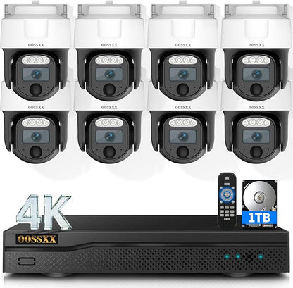 (2026 New) 4K PTZ Wired Outdoor Security Camera System, 8CH DVR with 1TB HDD, 8 Cameras, Remote Control, No Monthly Fee App, 122° Wide Angle, AI Human Detection, Audio Mic, IR Night Vision, Indoor