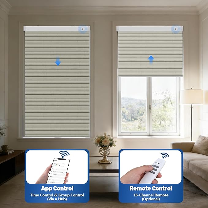 Motorized Cellular Shades with Remote, Smart Cellular Shades Compatible with Apple HomeKit, Alexa & Google Home, Cordless Honeycomb Window Blinds for Indoor Windows, Blackout Beige Linen