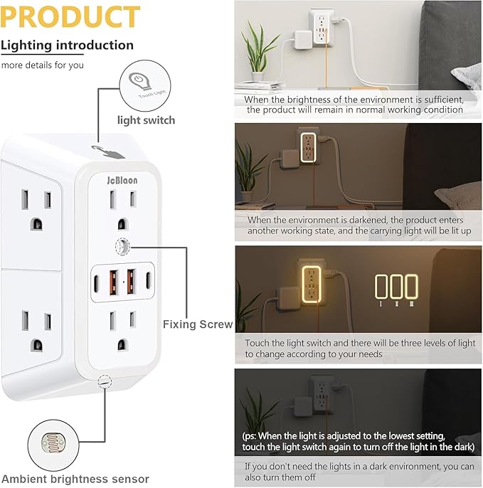3 Pack Outlet Extender with Night Light, 6 Outlet Surge Protector Extender with 4 USB Ports (2 USB C), 3-Sided 1050J Multi Plug Wall Outlet for Home Office Dorm Room