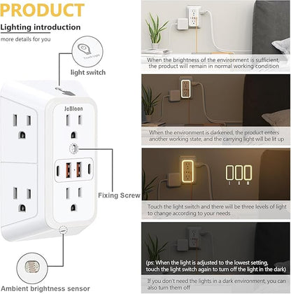 3 Pack Outlet Extender with Night Light, 6 Outlet Surge Protector Extender with 4 USB Ports (2 USB C), 3-Sided 1050J Multi Plug Wall Outlet for Home Office Dorm Room