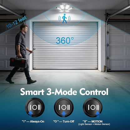 TANBABY 260W Motion Sensor Garage Lights, 30000LM Shop Lights with Remote Control 3 Modes (ON/Off/AUTO), 30/60/120s Timer, E26 Screw-in Deformable 6-Panel 6500K Ceiling Light for Garage Shop Basement