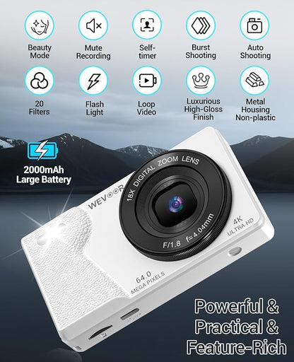 4K Digital Camera for Photography- 64MP Autofocus Vlogging Camera with Dual Lens, 18X Digital Zoom- Small Point and Shoot Camera with Card and 2000mAh for YouTube, Travel, Beginners (White)