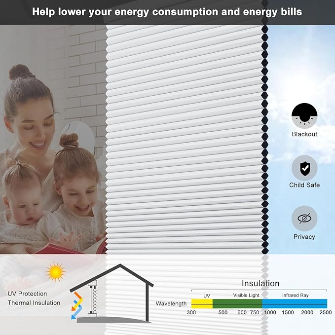 Changshade Custom Blinds Cellular Shades Blackout Cordless for Indoor Windows, Honeycomb Blind Room Darkening Black Out Shade for Bedroom, Bathroom, Nursey, Heat Sun Light Blocking Easy Install,White