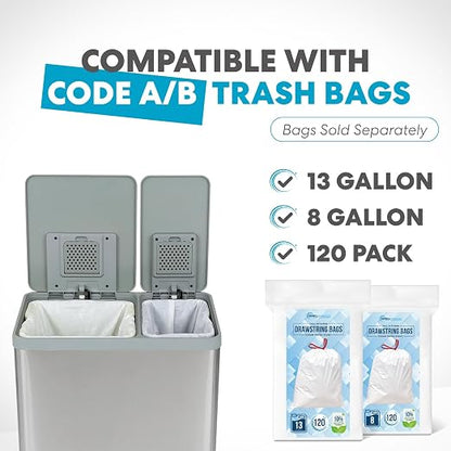 Simpli-Magic 16 Gallon (38L x 22L) Dual Compartment Step Trash Can – Kitchen Garbage Can with Waste & Recycling Bins – Slow-Close Lid, Odor Control, Hands-Free, Inner Bases, Brushed Stainless Steel