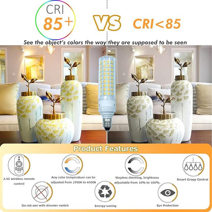 [Pack of 4 E12 LED Bulb 7W E12 Candelabra Base Equivalent 75W Halogen T3/T4 Bulbs, Stepless Dimming & Color Changing Bulbs with 2.4Ghz Remote Control 2700K~6500K for Chandelier Home Lighting