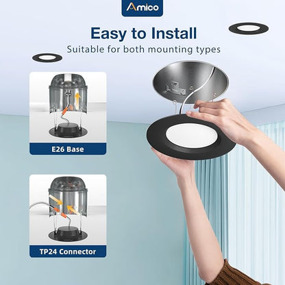 Amico 4 Pack 5/6 inch 5CCT LED Recessed Lighting, Dimmable, 12.5W=100W, 950LM, 2700K/3000K/4000K/5000K/6000K Selectable, Retrofit Can Lights with Baffle Trim, IC Rated - ETL & FCC, Black