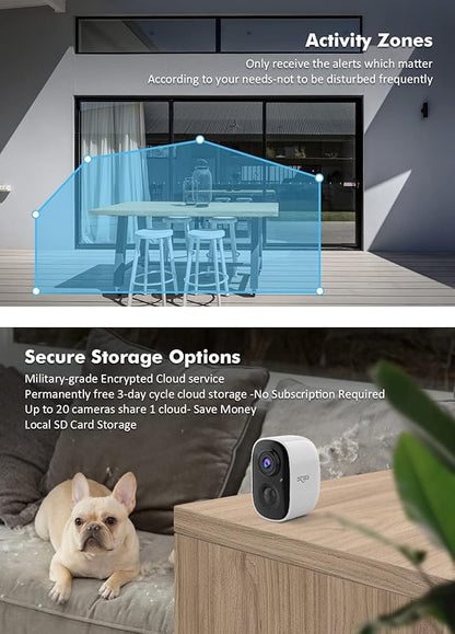 Dzees 5W Larger Panel 2K Security Cameras Wireless Outdoor, 5W Solar Powered WiFi Battery Camera with USB-C, Motion Sensor, 2-Way Audio, IP65 Waterproof, Cloud/SD Storage