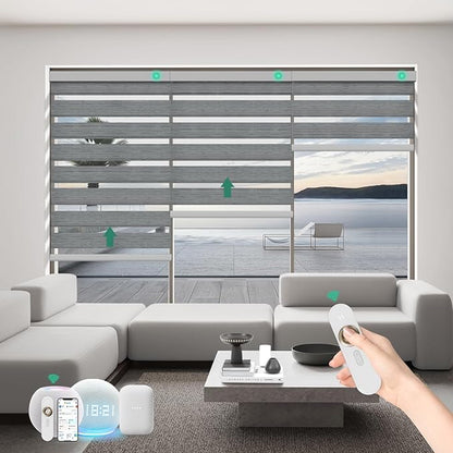 Motorized Zebra Blinds with Remote, Work with HomeKit Alexa Automatic Electric Window Shades 90% Blackout Light Filtering for Smart Home and Office, Customized Size Gray