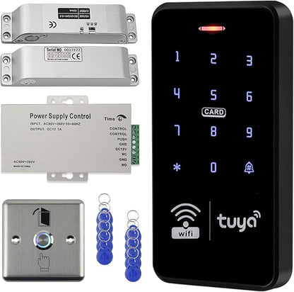 WiFi Tuya Waterproof Access Control System Kit+RFID Keyboard +Power Supply+Door Switch Button+ 10pcs Keyfobs+(Lock)