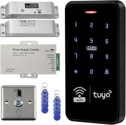 WiFi Tuya Waterproof Access Control System Kit+RFID Keyboard +Power Supply+Door Switch Button+ 10pcs Keyfobs+(Lock)