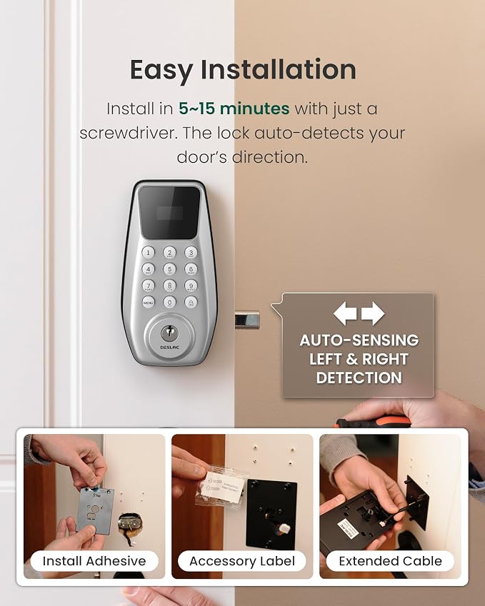 DESLOC C100 Keyless Entry Door Lock with Handle Set, Visual Display | Smart Deadbolt Lock with 100 PIN Codes, Passage Mode, 2 Keys, IP54 Weather Resistance, 12-Month Battery, Auto Lock, Silver