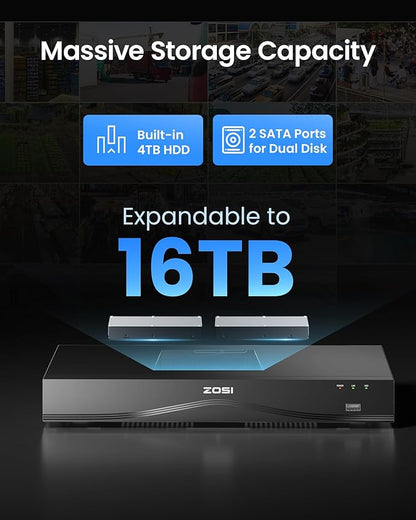 ZOSI C220 4K 8MP 16CH POE NVR Security Camera System (32CH Expandable), 12 x 8MP PoE IP Cameras Outdoor Indoor, 24/7 Recording, AI Human/Vehicle/Face Detection, Two-Way Talk, Night Vision, 4TB HDD