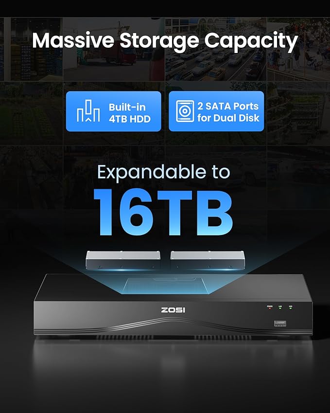 ZOSI C220 4K 8MP 16CH POE NVR Security Camera System (32CH Expandable), 8 x 8MP PoE IP Cameras Outdoor Indoor, 24/7 Recording, AI Human/Vehicle/Face Detection, Two-Way Talk, Night Vision, 4TB HDD