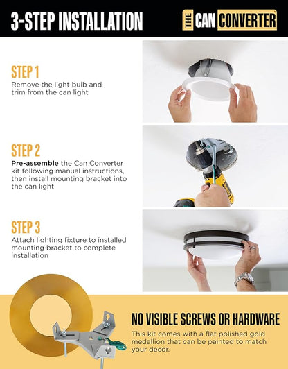 The Can Converter R56 Recessed Can Light Conversion Kit w/ 7"¾ Flat Ceiling Medallion - Home Improvement for 5" & 6" Cans, Converter Kit for Ceiling Fan & Light Fixture, UL Certified, Polished Gold