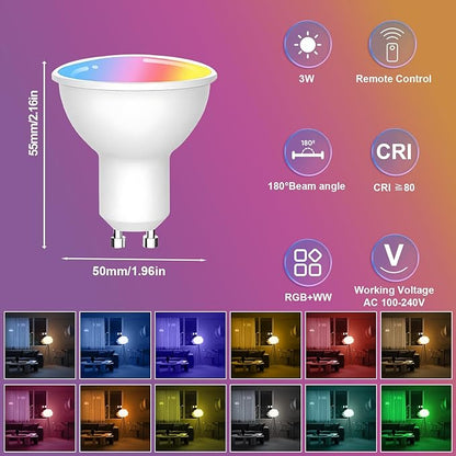 XRise GU10 LED Light Bulb Dimmable 3W LED Bulbs with 180°Flood Beam Warm White 6000K 12 Color Choices Remote Control Included Suitable for Bedroom Living Room Party Gathering（3 Pack ）