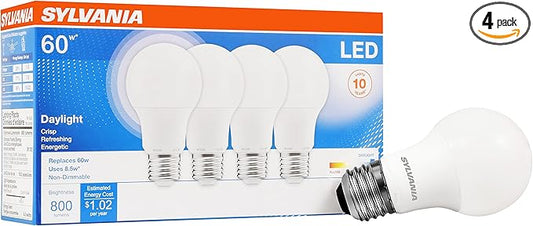 Sylvania LED Light Bulb, 60W Equivalent A19, Efficient 8.5W, Medium Base, Frosted Finish, 800 Lumens, Daylight - 4 Pack (79284)