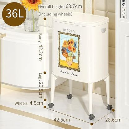 MRBIN Metal Kitchen Trash Can with Wheel Legs, 36L / 9.5gal Medium Press Lid Slim Waste Basket, Pet Proof Tall Narrow Garbage Pail for Vanity, Bedroom, Bathroom, Living Room, Sunflower